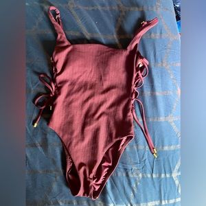 Sanctuary Textured Ribbed Maroon Side Tie One Piece Suit Maroon